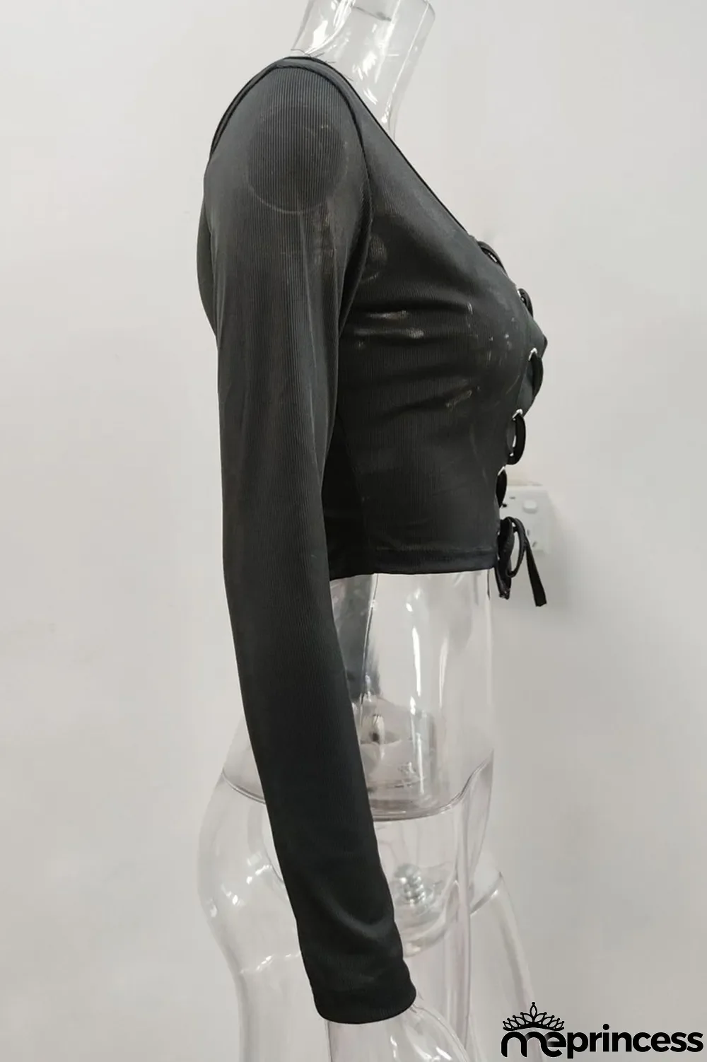 Black Sexy Solid Bandage Hollowed Out Split Joint U Neck Tops