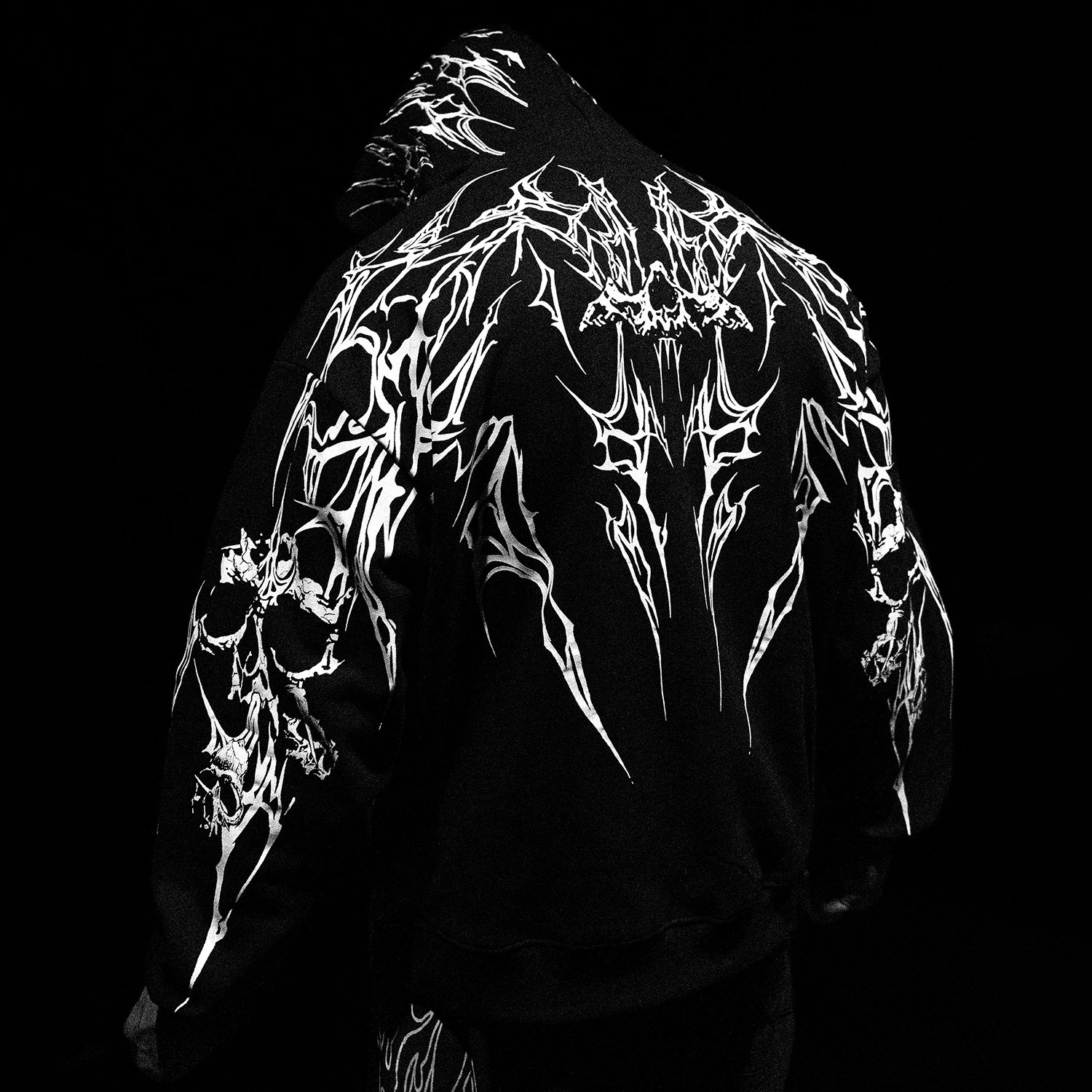 Cotton Blend Gothic Hoodie with White Tribal Skull Print, Dark Fantasy Design, Long Sleeve Pullover Sweatshirt for Men and Women