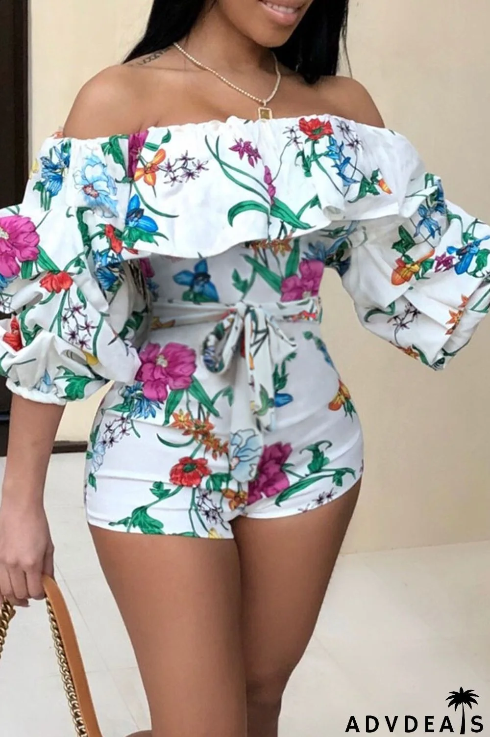 White Fashion Sexy Print Patchwork stringy selvedge Half Sleeve one word collar Rompers
