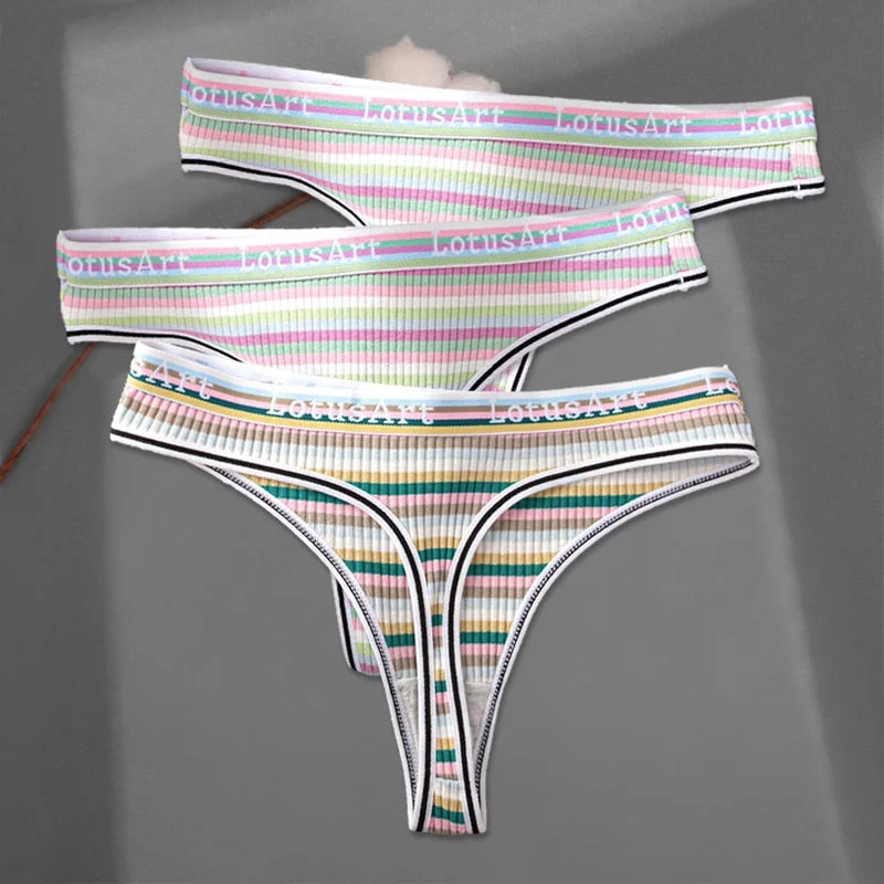 FINETOO 3Pcs/set Women Rainbow Thongs M-XL Cotton Panties Comfortable Striped T-Back Underwear Ladies Soft G-string Lingerie New