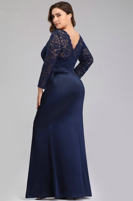 Navy Blue Long Sleeve Lace Mermaid Plus Size Evening Prom Dress