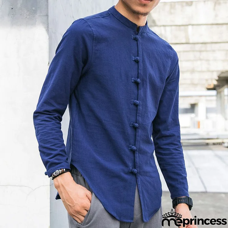 Men Retro Solid Color Plus Size Long Sleeve Shirt