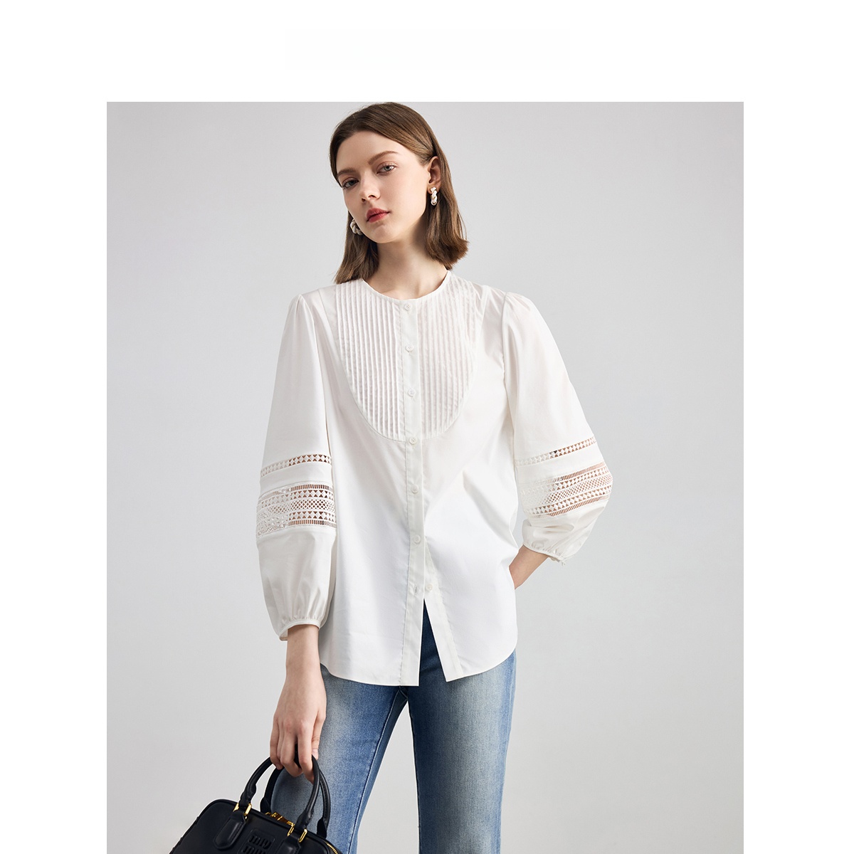 Hedirax Famanxun White Lace Splice round Neck Seven Sleeve Shirt Women's Fashionable Top French Sle Loose Fit Pure E-commerce Sale