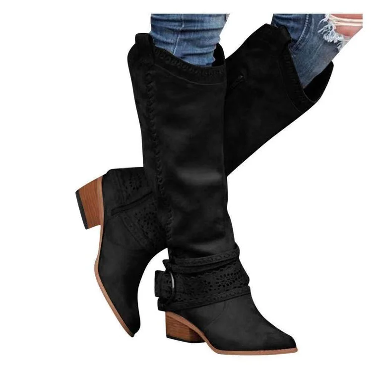 Women's Knee High Cowboy Boots Pointed Toe Square Heel Boots  Stunahome.com