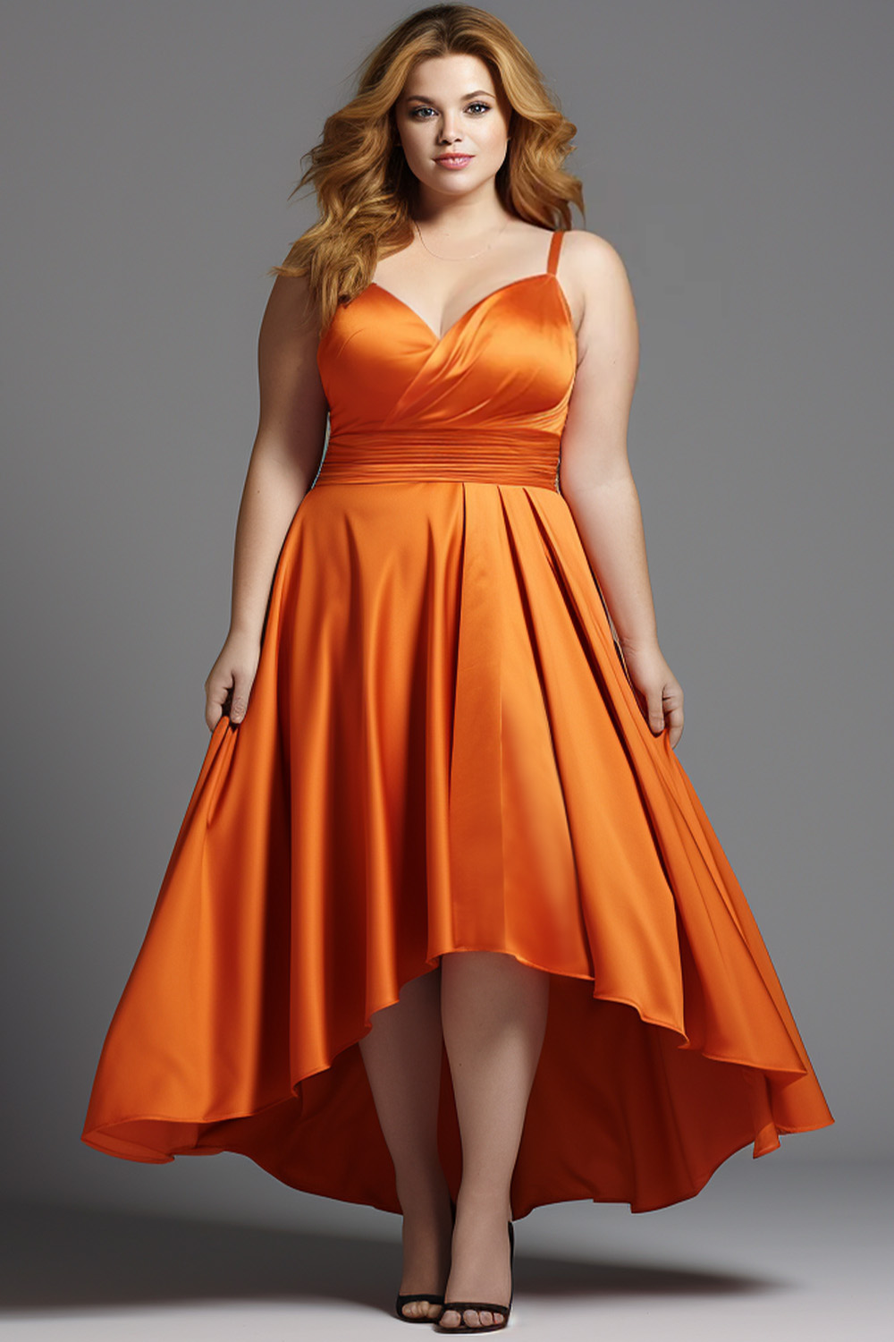 Flycurvy Plus Size Bridsmaid Orange Satin Built-in Bra High Low Hem Cami Maxi Dress