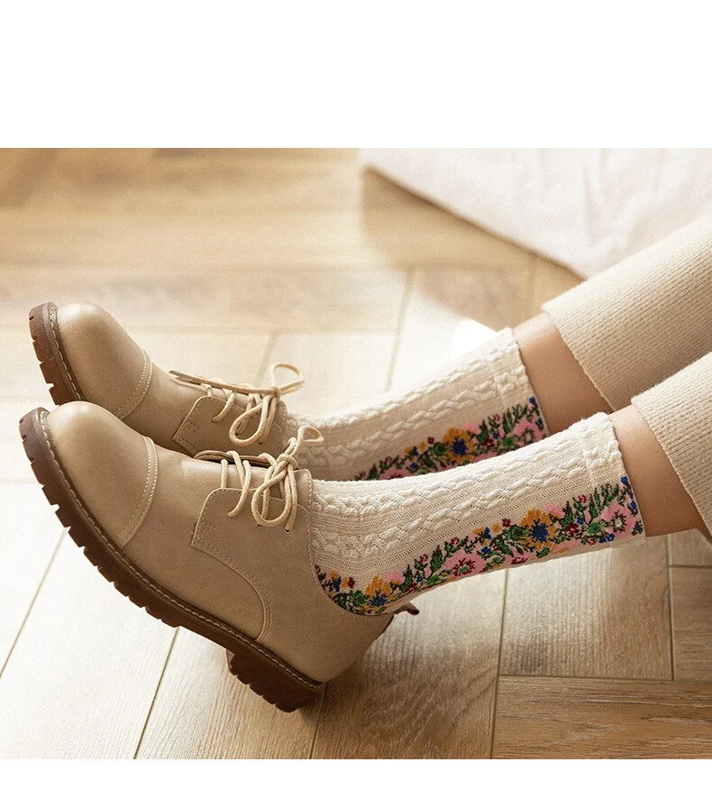 Floral Printed Woman Socks Cotton Funny Socks Fit Without Falling Winter Vintage Sleepwear Meias Harajuku Women Socks For Girls