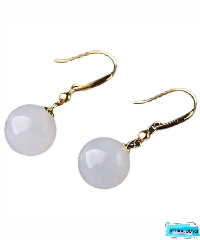 Simple Gold 18K Gold Inlaid Sheep Fat Jade Ball Drop Earrings