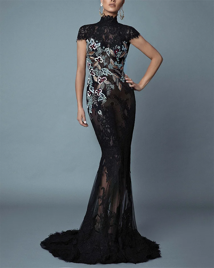 Fashion Black Half Turtleneck Embroidered Lace Dress