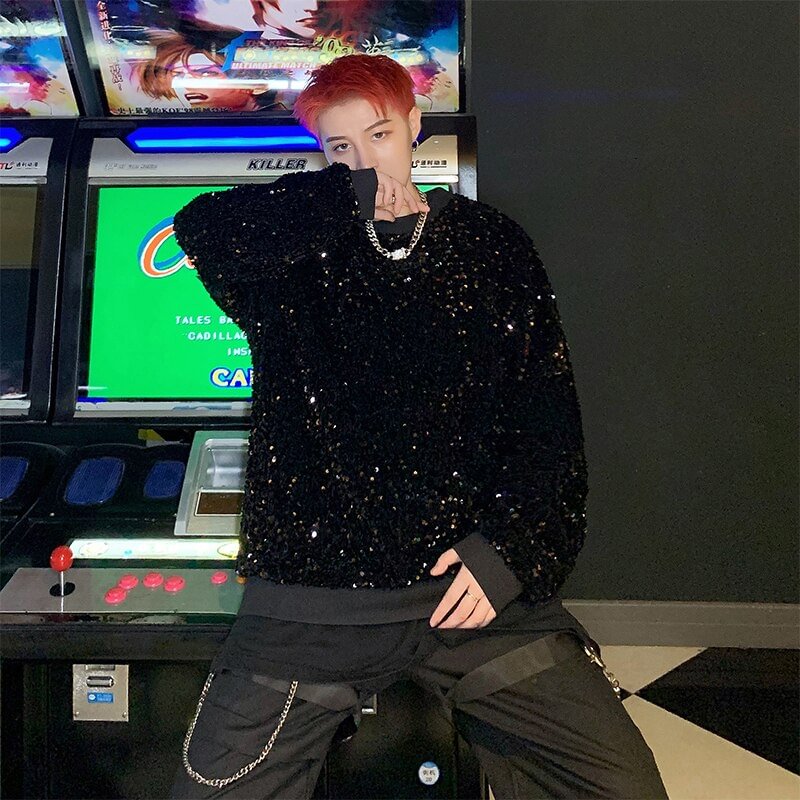 Woherb Twinkling Colors Sequins Men's Hoodies Sweatshirts Reflective Loose Hip-Hop Pullovers Singer Team Stage Christmas Party Tops