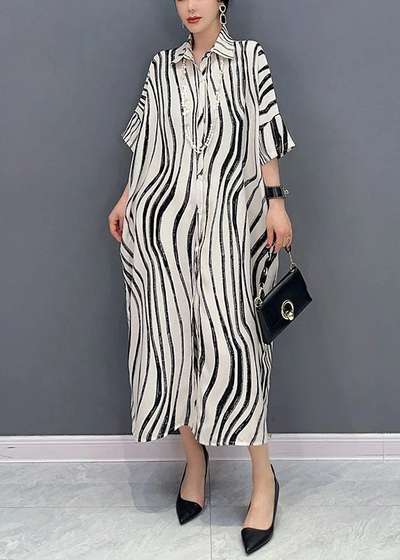 4.15White Zebra Pattern Maxi Dress Oversized Turn-down Collar Summer