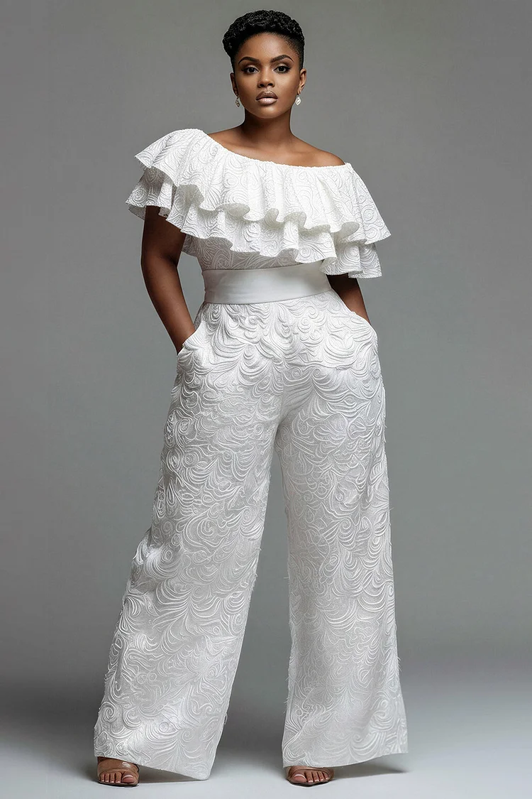 Xpluswear Design Plus Size Formal Elegant White Oblique Collar Short Sleeve Ruffle Pocket Jumpsuits [Pre-Order] 2024 - Xpluswear