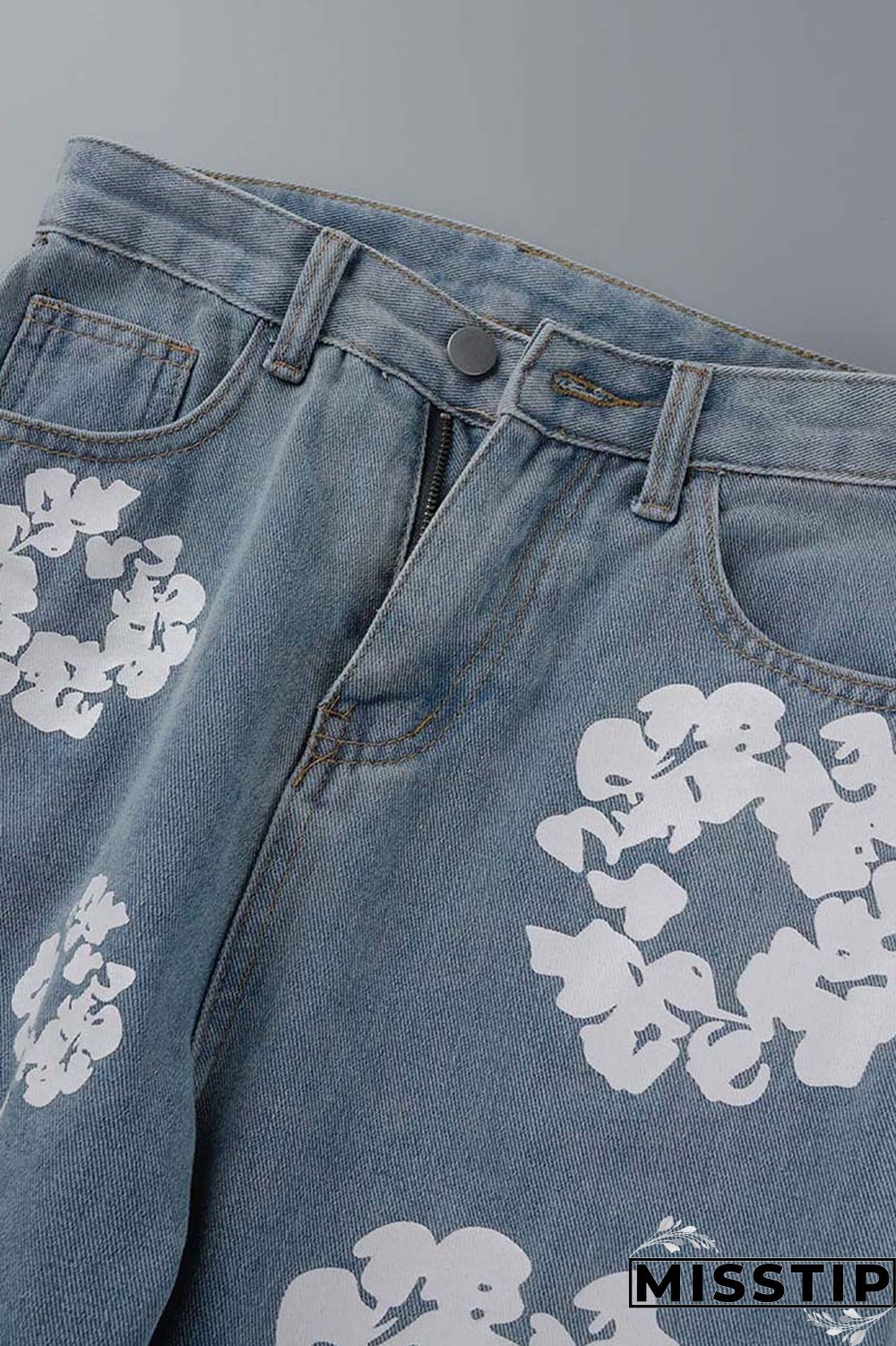 Blue Casual Print Patchwork High Waist Regular Denim Jeans