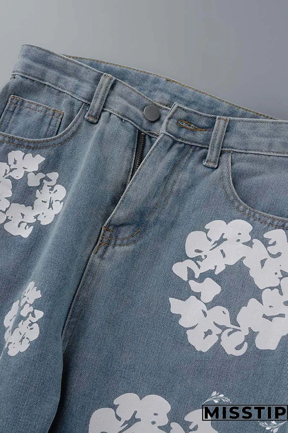 Blue Casual Print Patchwork High Waist Regular Denim Jeans