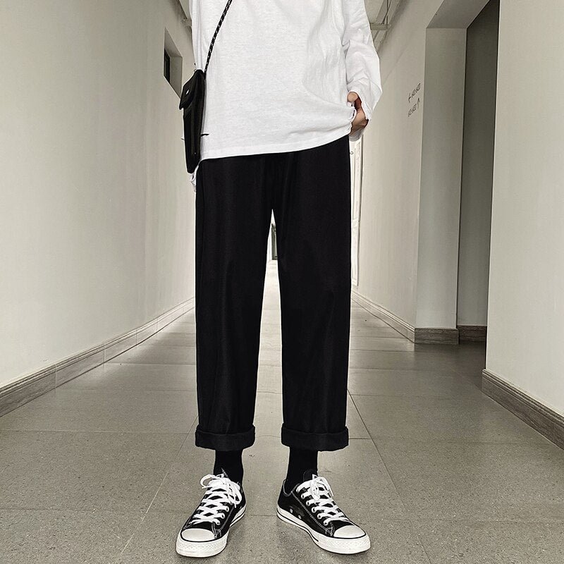 Woherb Summer Cotton Pants Men Fashion Solid Casual Pants Korean Style Streetwear Hip Hop Loose Straight Trousers Male Khaki Black Grey
