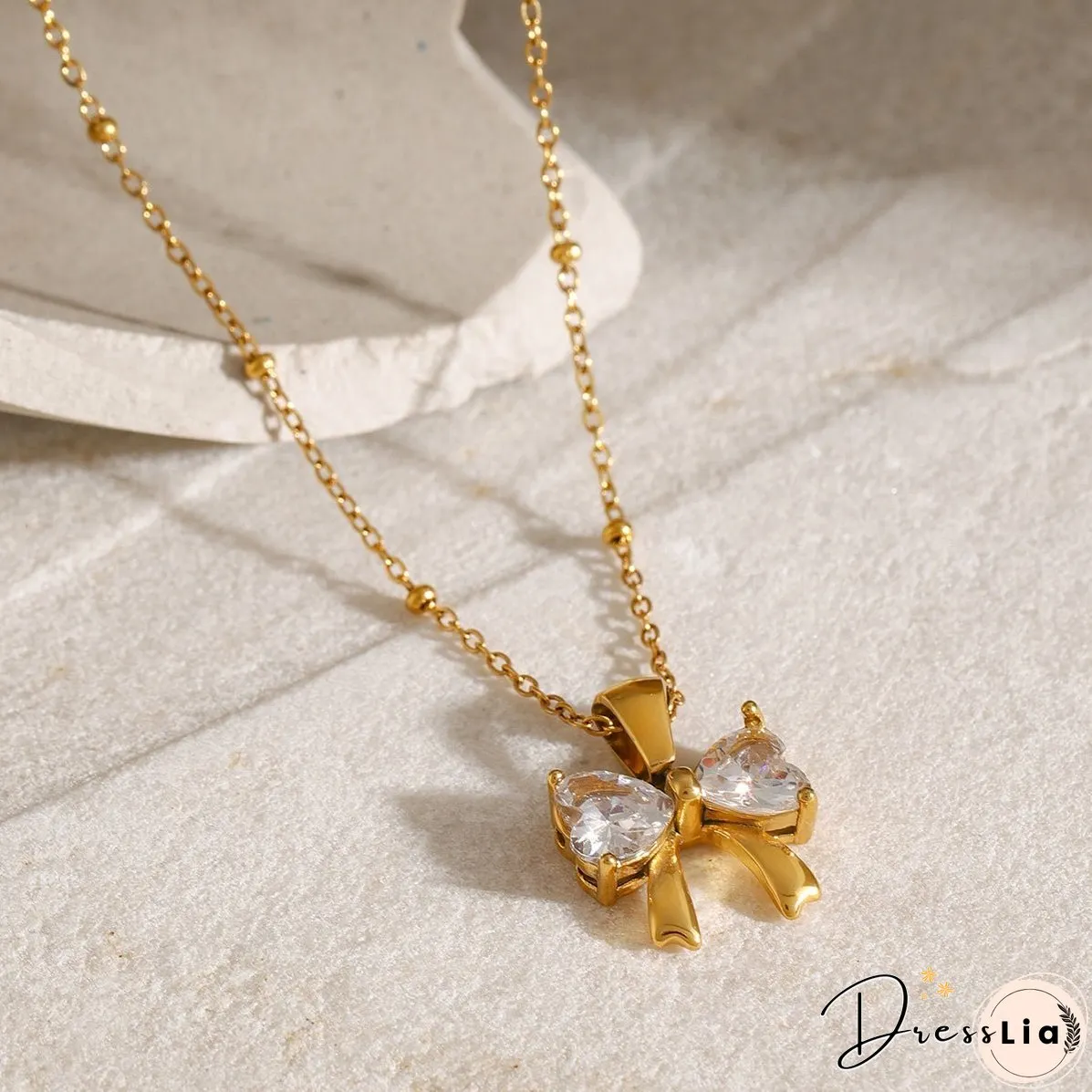 Stainless Steel Inlaid Zircon Bow Necklace