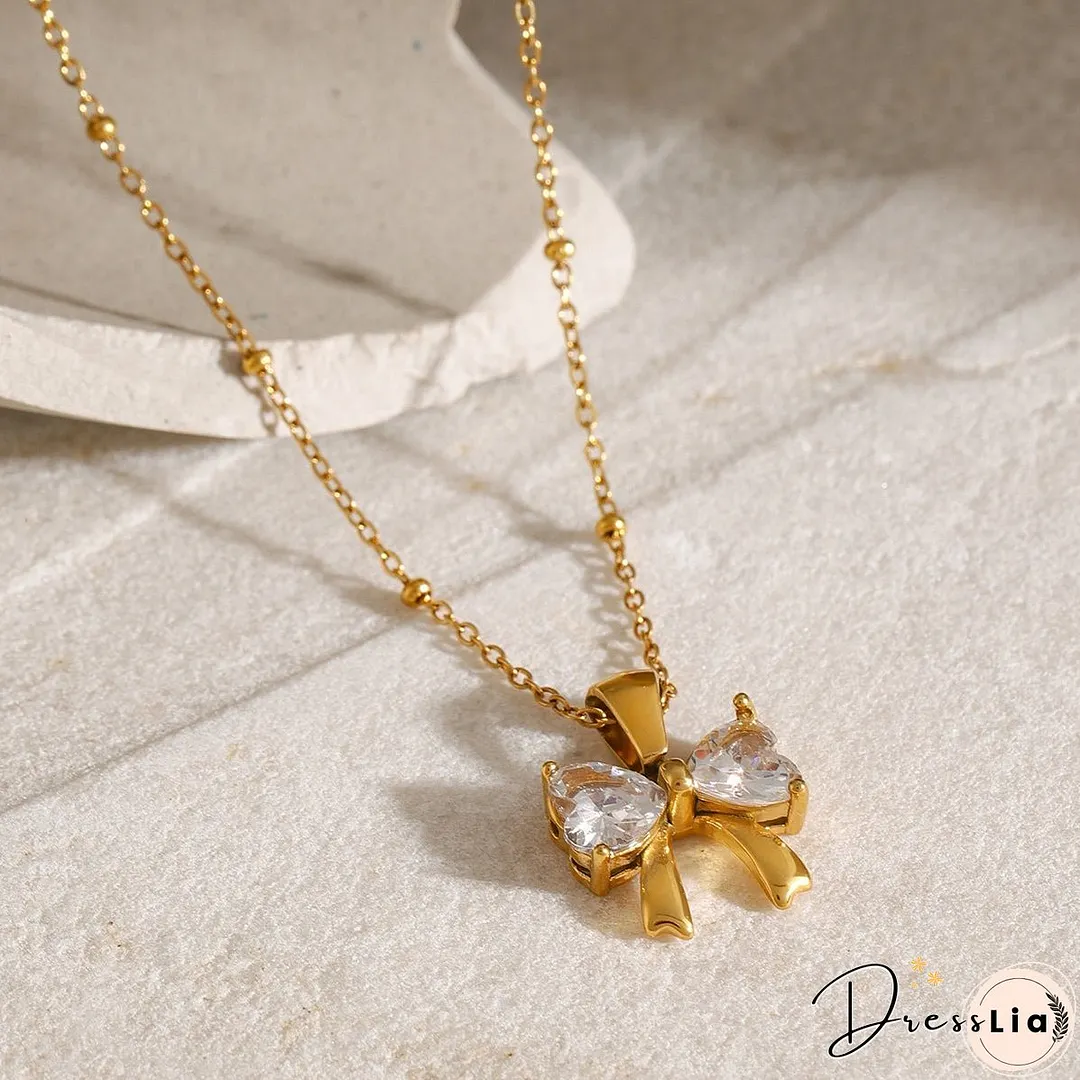 Stainless Steel Inlaid Zircon Bow Necklace