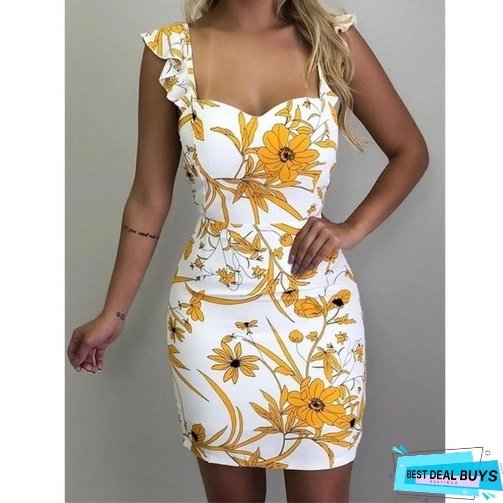 Sleeveless Sling Print Backless Hip Dress White Dresses