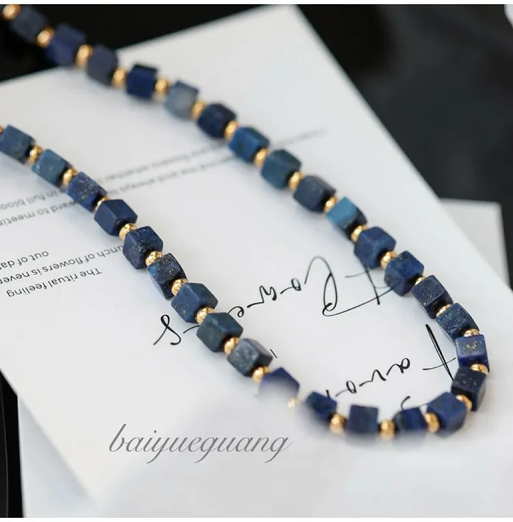 Natural Lapis Lazuleite Necklace &ndash; Square French-Entry Blue Beaded Clavicle Chain