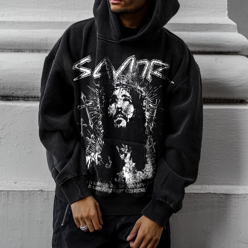 Saint Jesus Casual Print Washed Hoodie