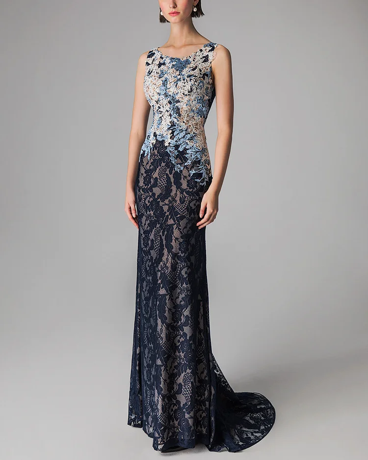 floral lace round neck maxi dress gown