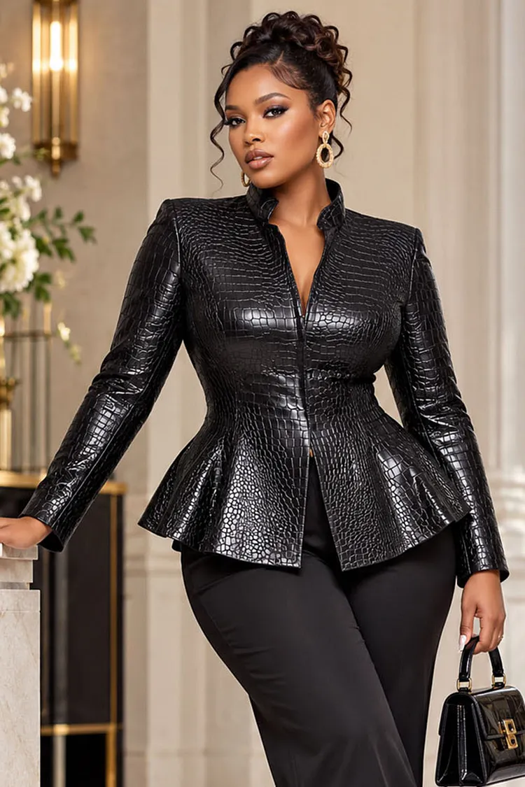 Xpluswear Design Plus Size Business Casual Black Stand-Up Collar Long Sleeve Ruffle PU Leather Jacket [Pre-Order] 2024 - Xpluswear