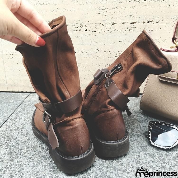 Women's Plus Size Adjustable Buckle Mid-Calf Motorcycle Boots