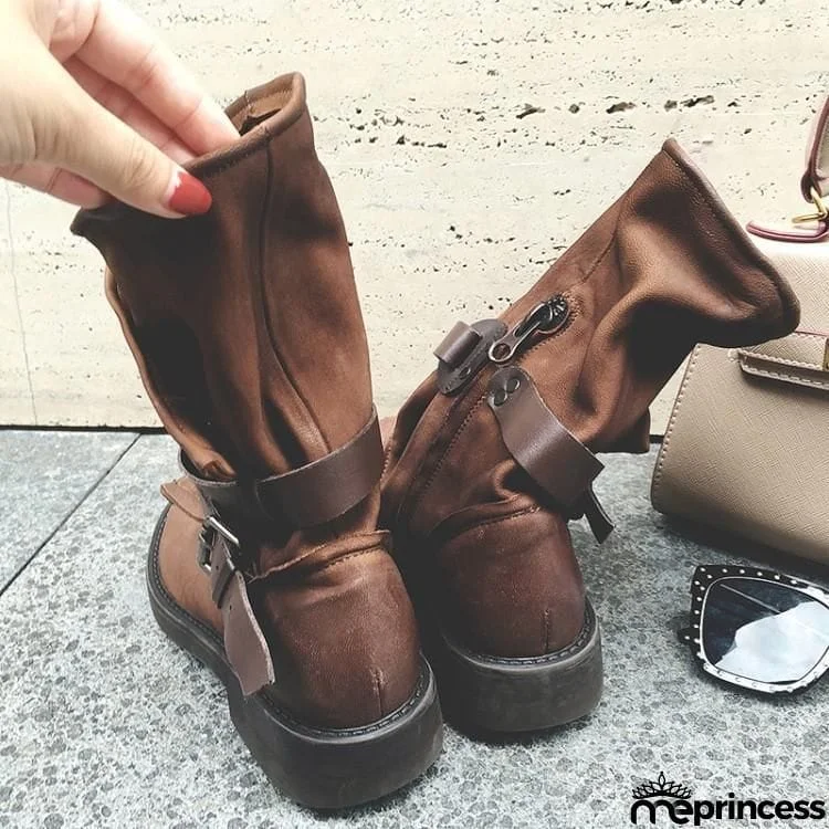 Women's Plus Size Adjustable Buckle Mid-Calf Motorcycle Boots