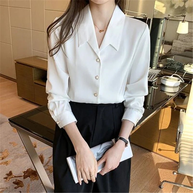 Fashion Blouses Women Satin Long Sleeve Shirt Woman Top Silk White Shirt Top Woman Beading Shirt Basic Blouse Female Shirt TT
