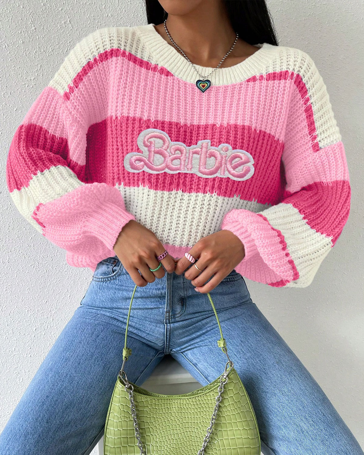 Barbie Girl Colorblock Rib-knit Drop Shoulder Sweater