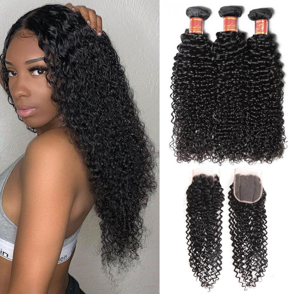 Brazilian Jerry Curly 3 Bundles Hair Weft With 4*4 Lace Closure