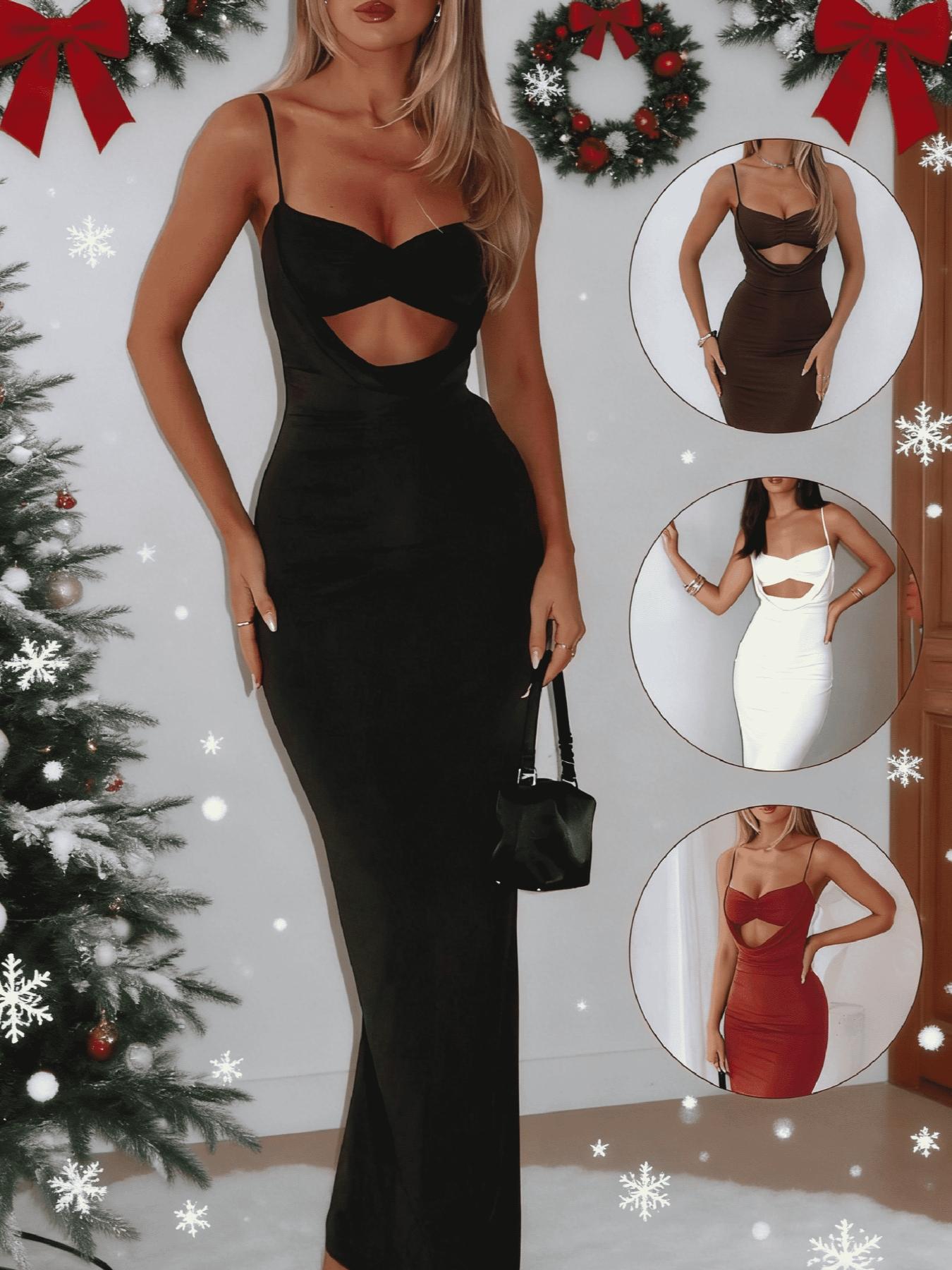 Valentine's Day Women's Low Cut Design Dress, Womenswear Sexy Elegant Feminine Long Gown with Adjustable Straps, Ruched Bust Tight Fit, Slim-Fitting Style