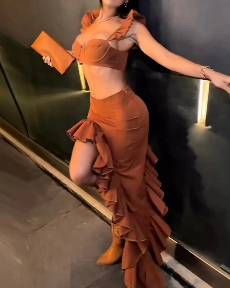 Flying sleeves solid color two piece suit