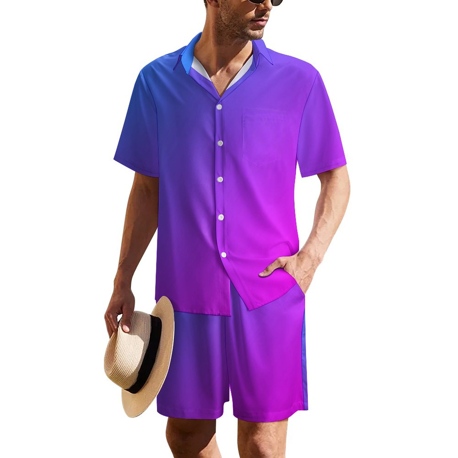 Aqua Blue and Hot Pink Miami Ombre | Men's Summer Hawaiian Matching Set | Personalised Swim Shorts Xmas Hawaiian Shirts Boys Swim Shorts For Vacation