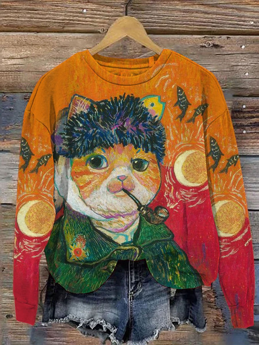 Vintage Funny Cat Portrait Art Print Casual Sweatshirt