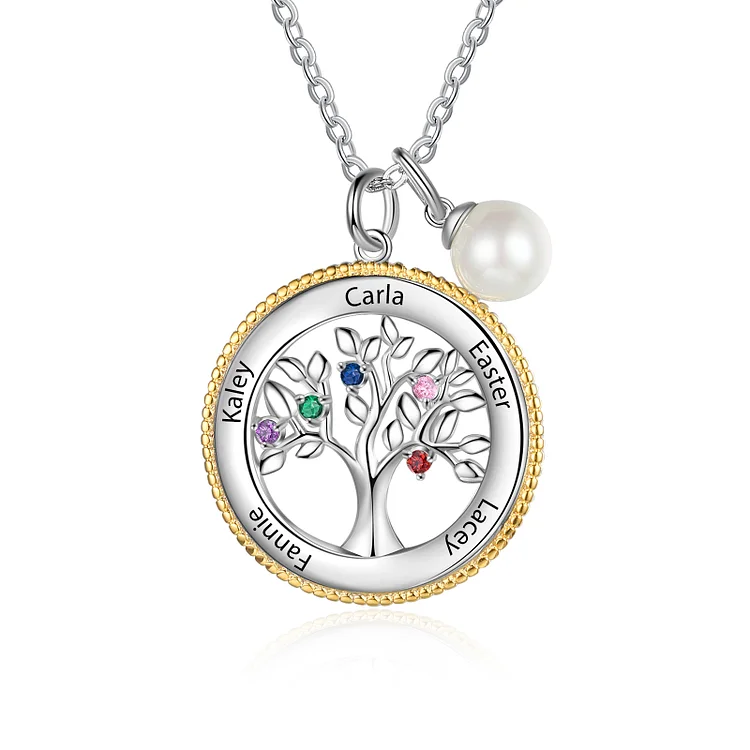Personalized Family Tree Necklace Custom 5 Birthstones with Pearl Necklace for Her