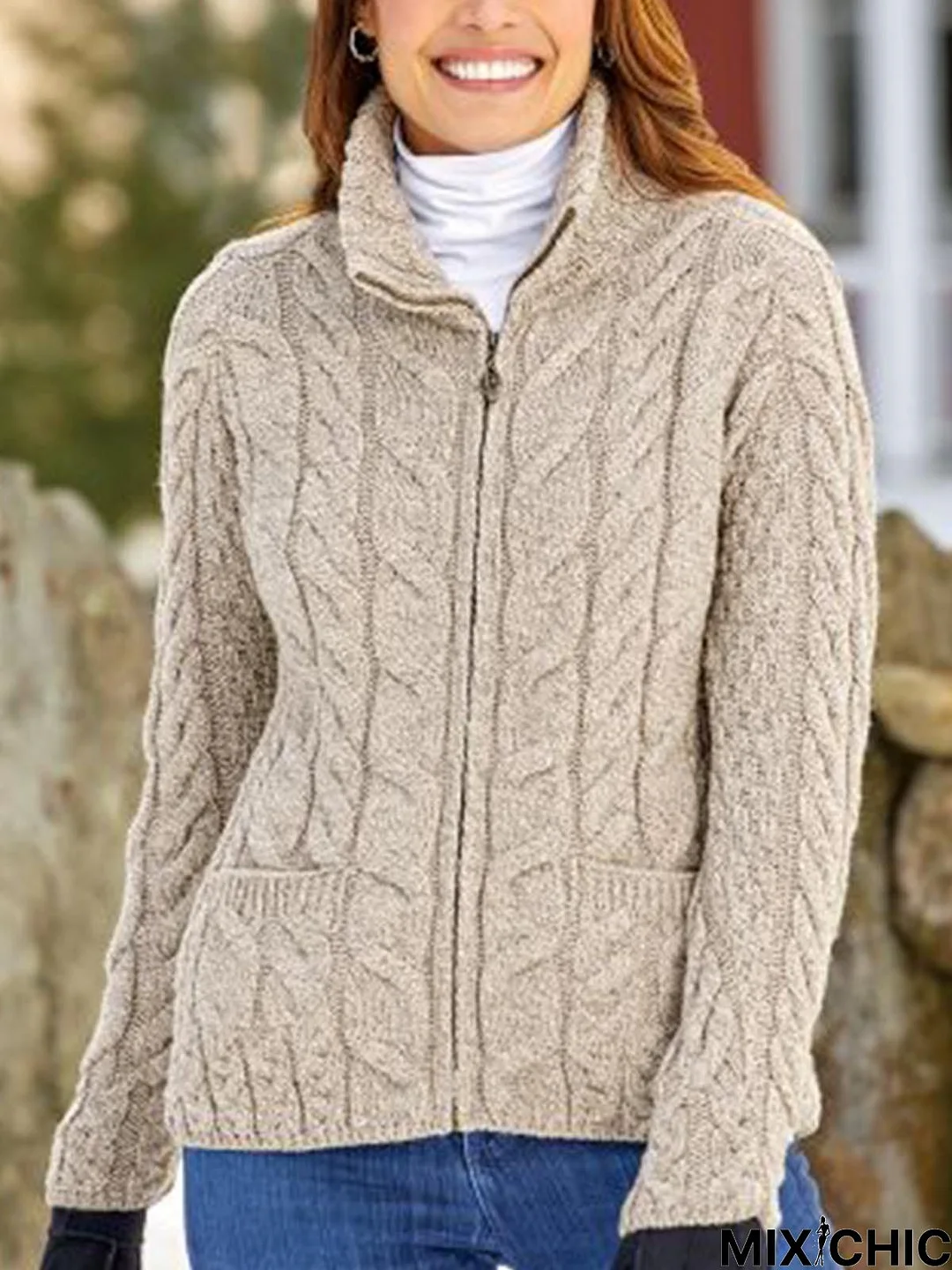 Casual Stand Coller Zipper Long Sleeve Pockets Cardigan