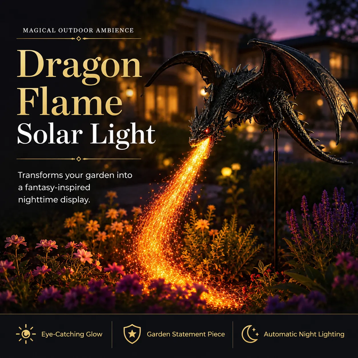 Solar Dragon Fire Garden Light glowing at night