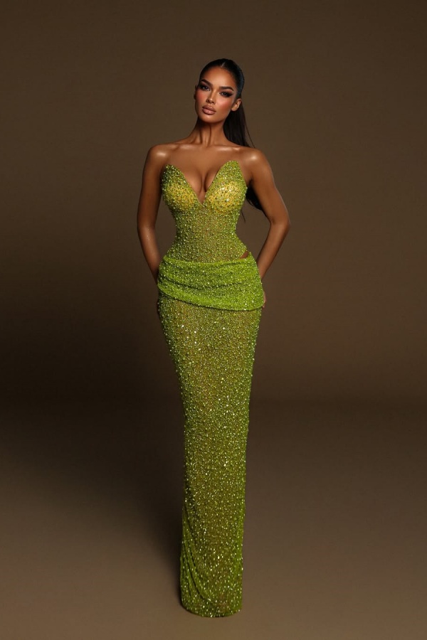 Sheath Green Beaded Pearls Luxurious Prom Dress