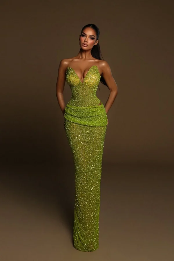 Luxurious Green Beaded Pearls Sheath Prom Dress ZT0662