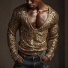 Men's Sequined Sequined T-shirt, Deep V-neck Long-sleeved Top by Inlyline