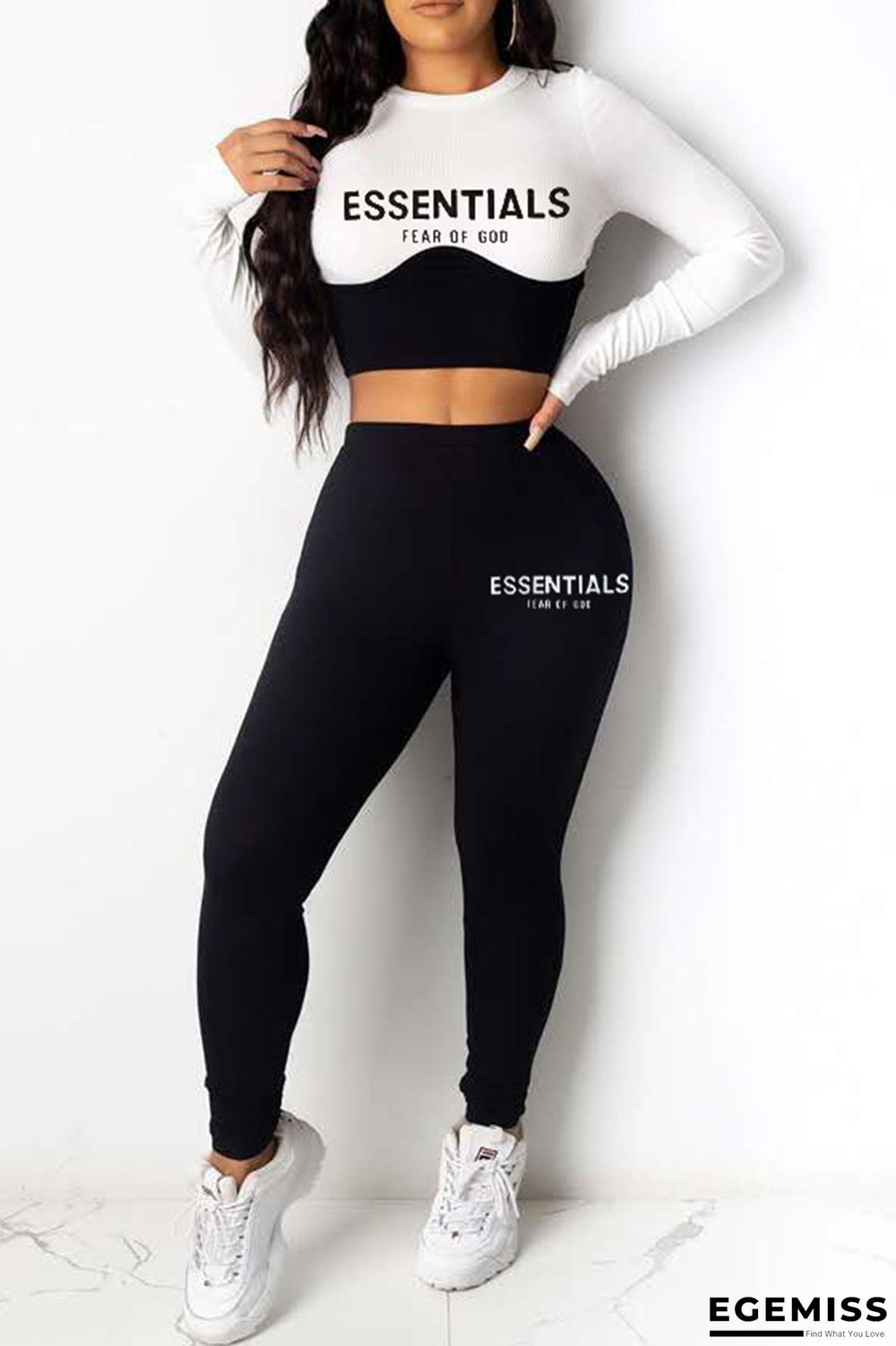 Black Casual Print Patchwork O Neck Long Sleeve Two Pieces | EGEMISS