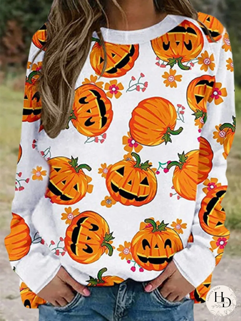 Vintage Halloween Pumpkin Printed Crew Neck Long Sleeve Plus Size Casual Sweatshirts
