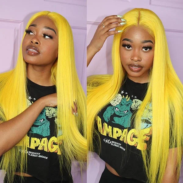 Junoda Long Fluorescent Yellow Lace Front Wig Colored Straight Human Hair Wigs for Sale