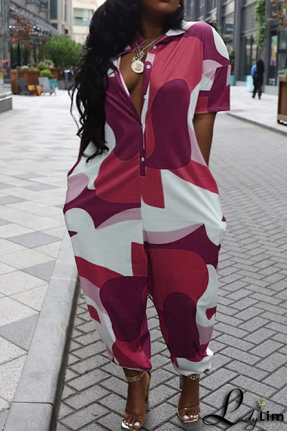 Green Casual Street Print Patchwork Zipper Collar Loose Jumpsuits