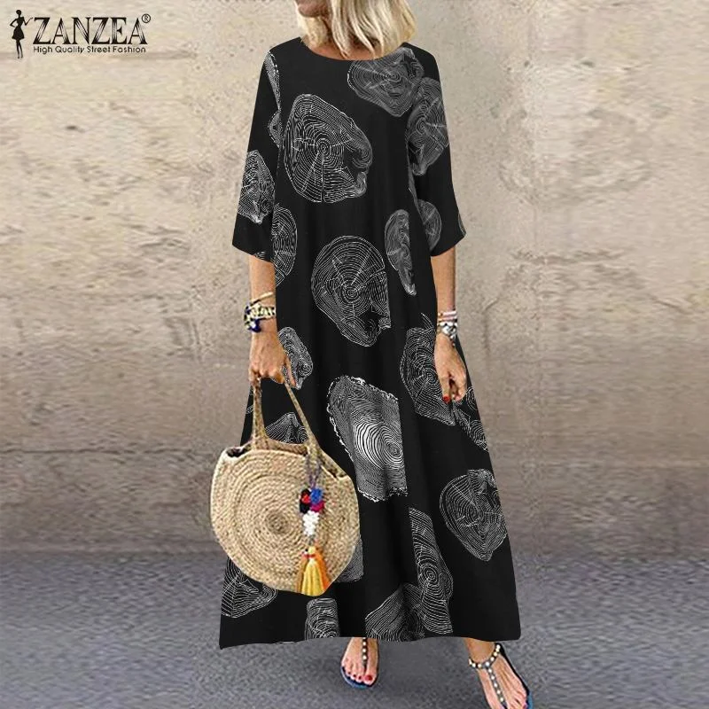 ZANZEA Autumn 3/4 Sleeve Polka Dot Printed Long Dress Vintage Women's Cotton Linen Dresses Female Kaftan Vestido Femme Sundress