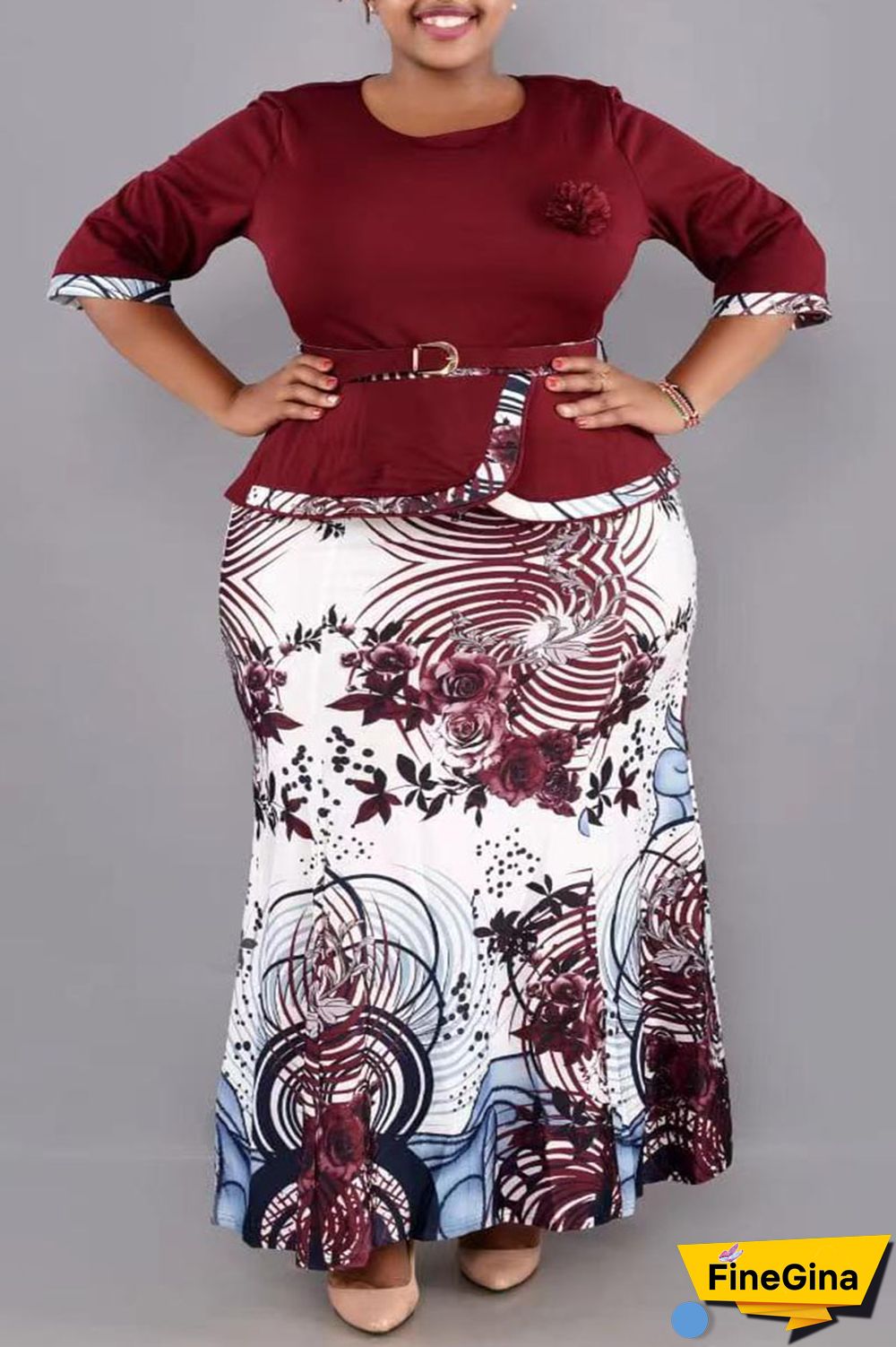 Blue Casual Work Elegant Floral Patchwork Slit Contrast O Neck Wrapped Skirt Plus Size Two Pieces(With Belt)