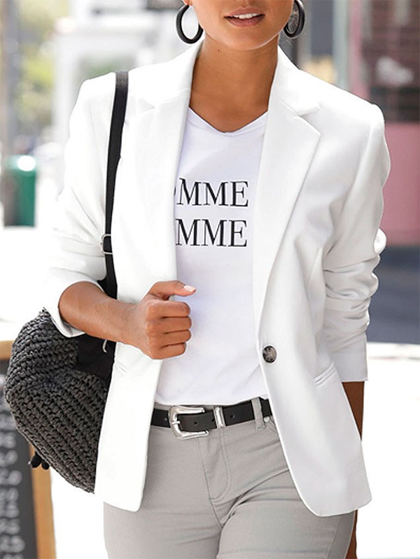 Casual Plain Autumn Polyester Natural Daily Standard Lapel Collar Regular Blazer for Women