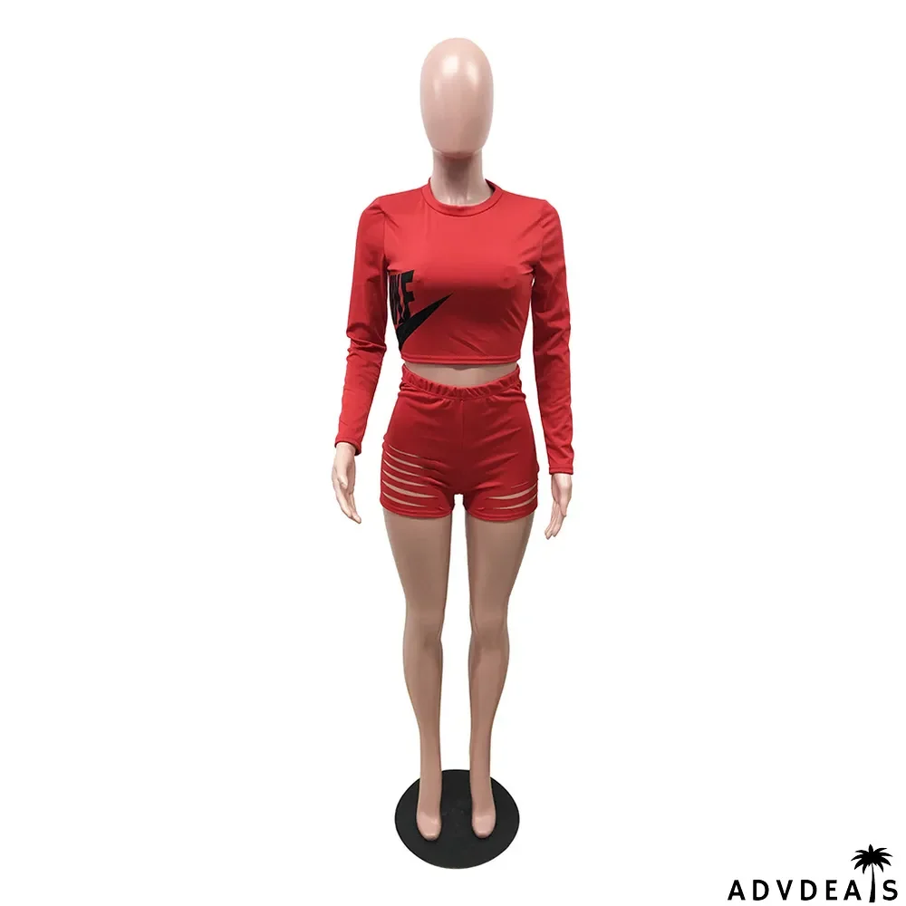 Irregular Print Long-sleeve Shorts Two-piece Set