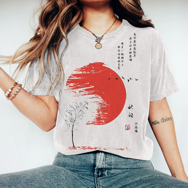 Comstylish Japanese Retro Sunrise Mountain Ink Wash Painting Art Linen Casual Cotton T-Shirt