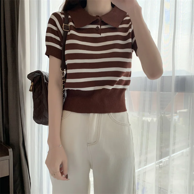 Uveng Uveng T-Shirt Design Sense Of Summer Korean Chic Hong Kong Chic Straight Shoulder-Repair Striped Knitting Top In Tide